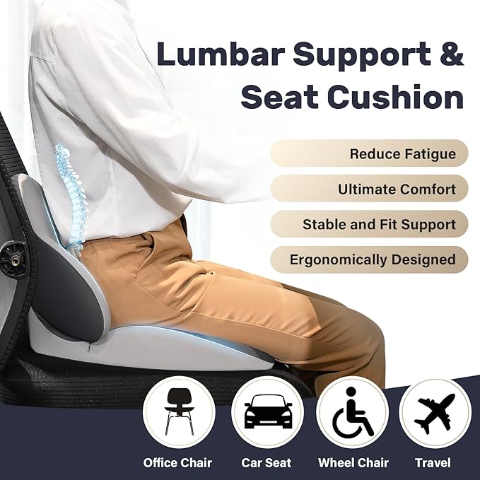 Coverado Seat Cushion and Lumbar Support Pillow for Car Office Chair, Ergonomic Memory Foam Desk Chair Cushion Back Support Pillow, Sciatica & Back & Tailbone Pain Relief Cushion-Black&Gray