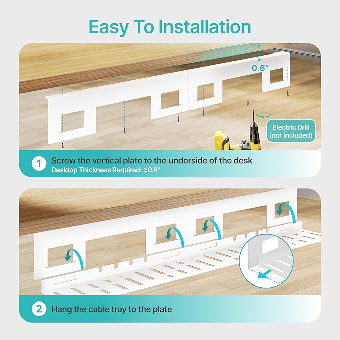 PEGZONE Under Desk Cable Management Tray, 31.5 Inches Metal Cord Organizer Rack, Desk Tray for Power Strip, Cord, Wire, Easy Mounting Cable Management Under Table for Home Office, White