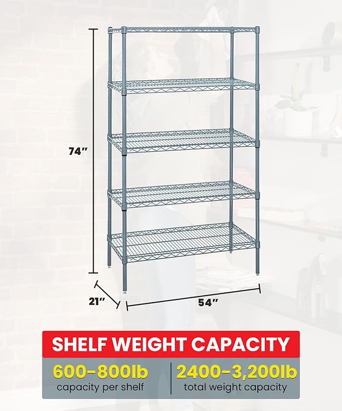 Quantum Storage Systems WR74-2154GY-5 Wire Shelving 5 Shelf Starter Units, 21" x 54" x 74", Gray Epoxy