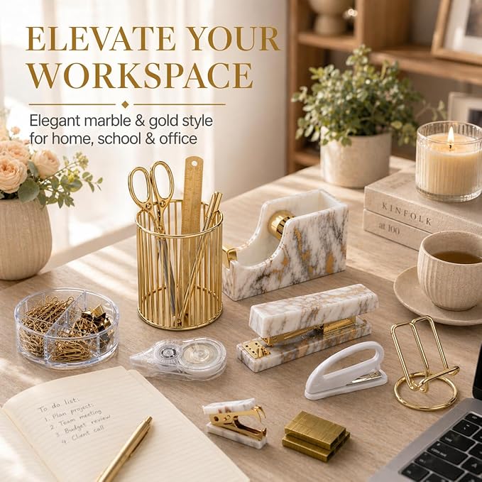 Office Desk Accessories Supplies - 13 Pcs Women Gold Marble Desk Decor Set, Cute Aesthetic Office Essentials Kit, Stapler Tape Dispenser Pen Organizer, Acrylic Mini Teacher Stuff for School Home Work