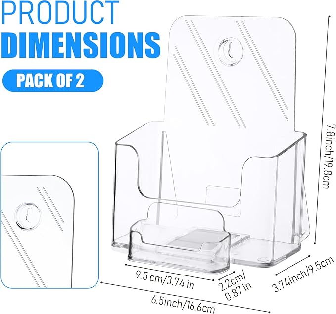 Remerry 2 Set 6.5 Inch Acrylic Brochure Holder with Business Card Pocket, Wide Bifold Clear Brochure Display Stand Flyer Holder for Pamphlet Literature Magazine Booklet, Desk or Wall Mount Display