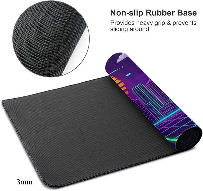 48x24in Retro Synthwave Mouse Pad, Neon City Extended Desk Mat, Non-Slip Waterproof Gaming Mousepad for Home Office & Gaming