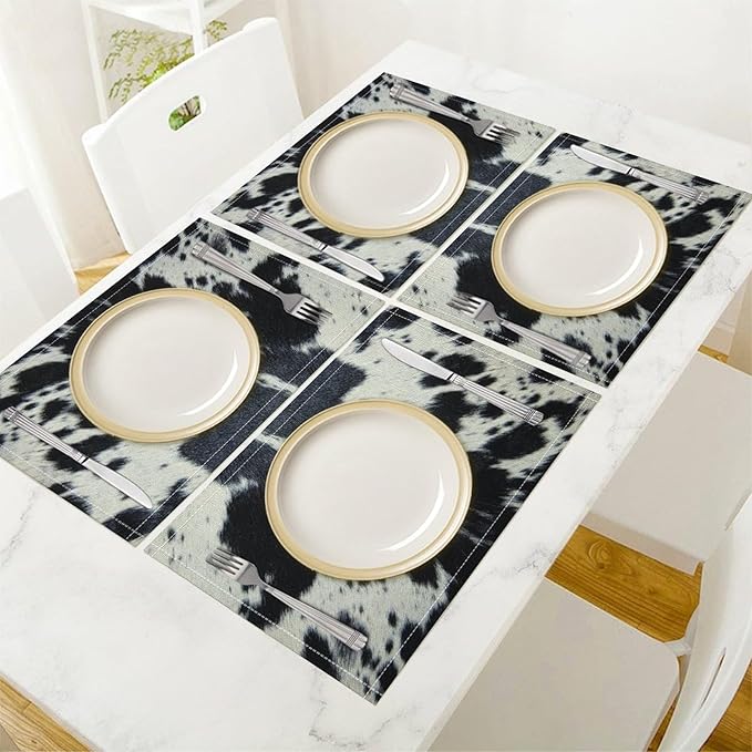 Cow Fur Placemats Farmhouse Western Farm Animal Skin Black White Cowhide Print Linen Washable Table Mats Stain Heat-Resistant Desktop Decor Place Mats for Home Kitchen Dining Party 12x18 in 6 Pcs