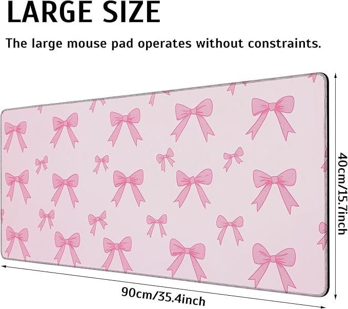 Pink Bow Mouse Pad,35.4 x 15.7 Inch Large Mouse Mat Non-Slip Rubber Stitched Edges for Writing Desk,Office,Home,Laptop