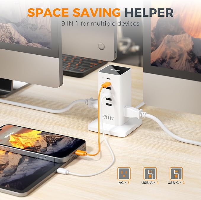 Charging Station for Multiple Devices, TESSAN 9-in-1 USB C Power Strip for iPhone 17/16/15, MacBook, Tablet, Desktop Phone Fast Charger with 3 AC, USB Charger, Home Drom Office Accessories, White-30W