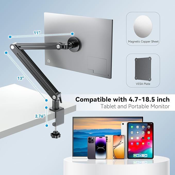 Jakeko Magnetic Portable Monitor Holder Arm - Heavy Duty Solid Aluminum 75mm VESA Mount Desk Clamp 8.3" 12.9" 15.6" 16" 17.3" 18.5 inch 360° Swivel Base with Cable Clips