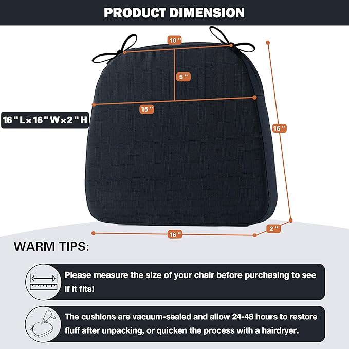 Battilo Chair Cushions for Dining Chairs with Ties, Indoor/Outdoor Kitchen Chair Pad with Non-Slip Backing, Dining Seat Cushion with Machine Washable Removable Cover, 16"x16"x2", Set of 2, Black