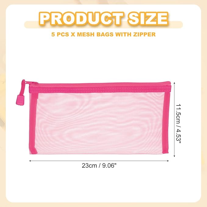 PATIKIL B6 Mesh Zipper Pouch Bags, 5 PCS Mesh Bags with Zipper Plastic Storage Pocket for Organizing File Beads Office Home Supplies, 11.5x23cm, Rose Red