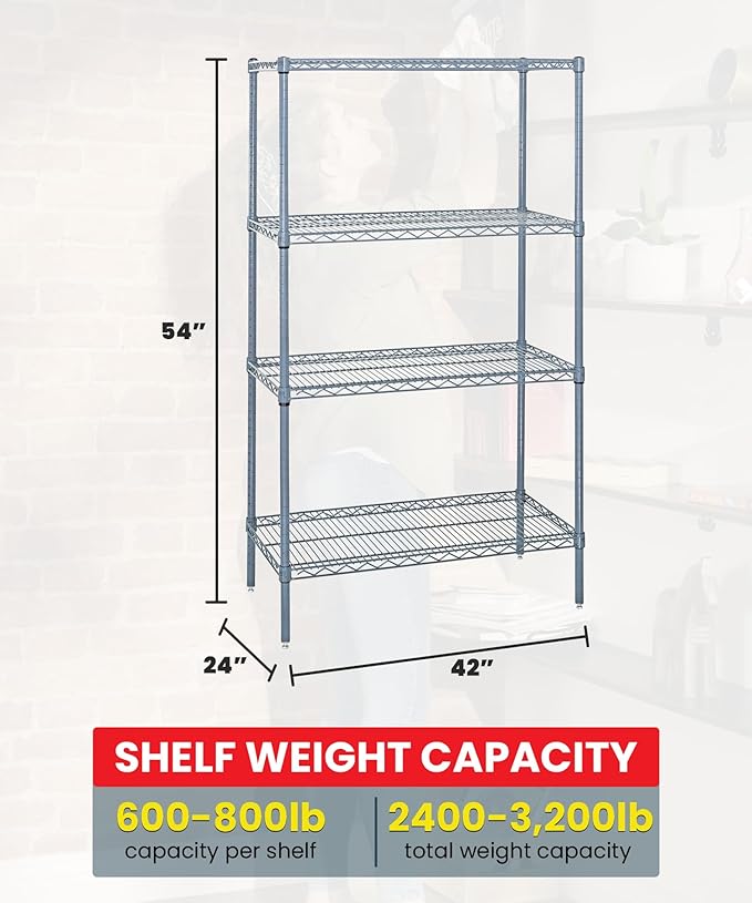 Quantum Storage Systems WR54-2442GY Wire Shelving 4 Shelf Wire Starter Units, 24" x 42" x 54", Gray Epoxy
