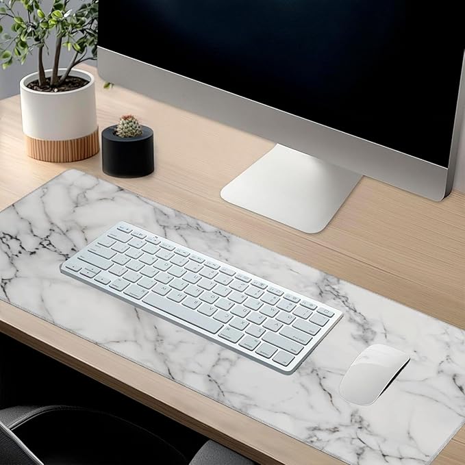 White Marble Large Mouse Pad & Desk Mat Extended Mousepad with Stitched Edges Non-Slip Rubber Base Laptop Computer Keyboard Pad for Gaming, Office & Home Decor, XXXL - 35.4" X 15.7"
