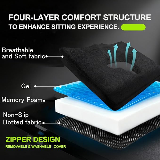 Gel Wheelchair Seat Cushion,Bed Sore Cushions for Butt,hemorrhoid Pillow,Sciatica,Coccyx,Pressure Sore&Ulcer Pain Relief Butt Pillow for Office Chair(Black-Set)
