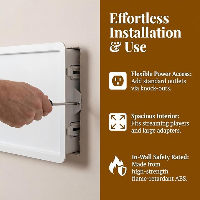 9'' in-Wall Media Box & Recessed Outlet Box with Cable Management - Structured Media Enclosure Compatible with Streaming Media Players - WiFi Friendly Design