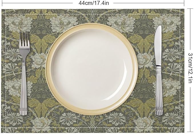 William Morris Floral Placemats Vintage Flower Art Style Boho Chic Retro Floral Linen Washable Table Mats Stain Heat-Resistant Desktop Decor Place Mats for Home Kitchen Dining Party 12x18 in 6 Pcs