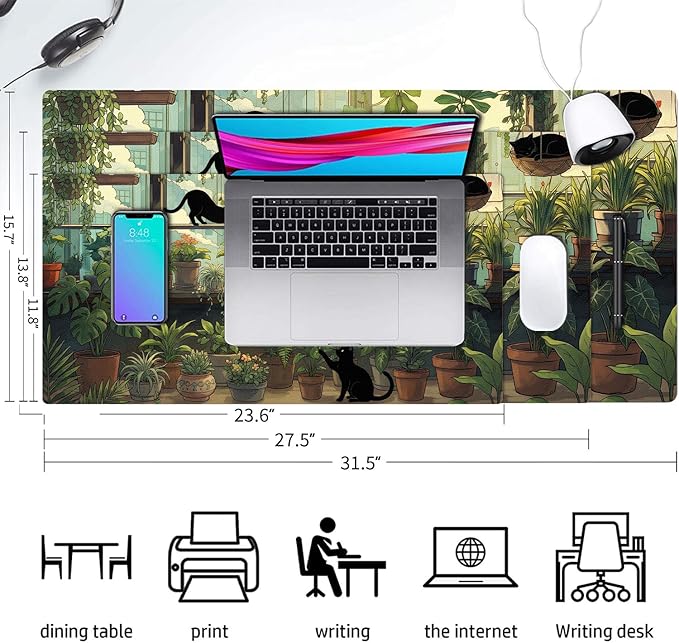 Cute Desk Mat, Green Plants Cat Large Mouse Pad for Desktop, PU Leather Waterproof Desk Pad, Anti-Slip Computer PC Laptop Protector Gaming Mouse Pads for Office Home Decorations (31.5" x 15.7")