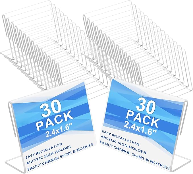 Small Acrylic Sign Holder 2.4 x 1.6 Inch,Mini Food Sign Labels for Party Buffet,L-Shape Name Card Display Holder, Mini Clear Acrylic Sign Display Holder for Office, Store, Restaurant - 30 Pack
