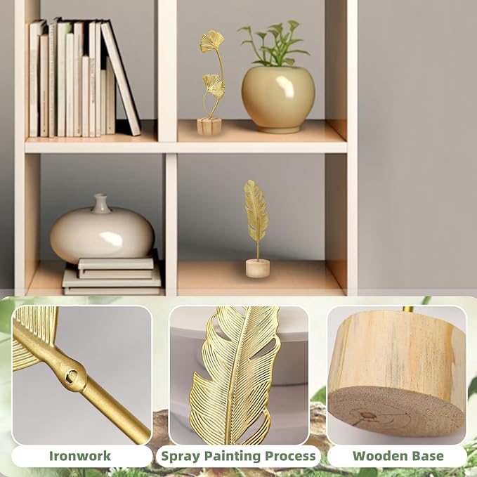 2PCS Mini Gold Leaf Sculpture Ornament, 7.5 IN Metal Gold Palm Leaves Decor for Desk, Sideboards, Display Cabinet Filler, Iron Craft Ginkgo Leaf Decor with Wooden Base (Feather+Ginkgo Biloba)