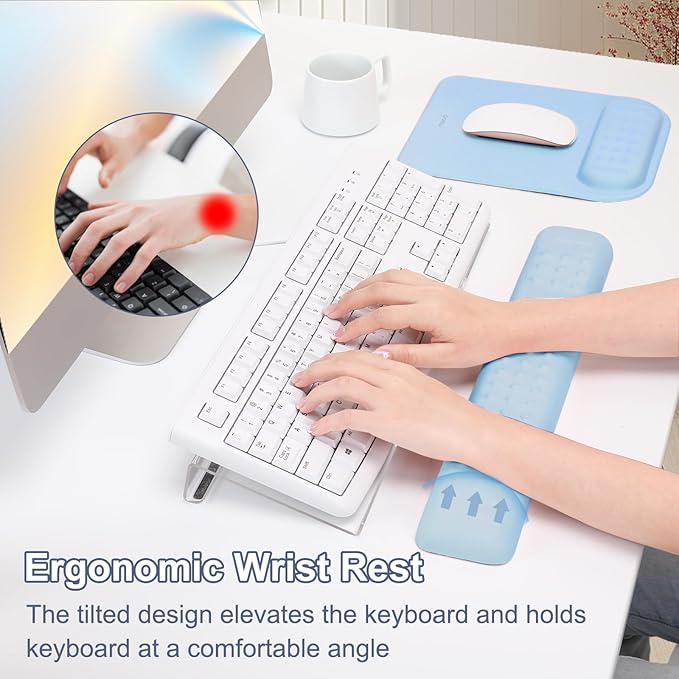 MOSISO Computer Keyboard Stand&Wrist Rest Support for Keyboard &Mouse Pad Set, Ergonomic Massage Wrist Rest Set, Easy Typing Working Acrylic Clear Stand for Office Home, Air Blue