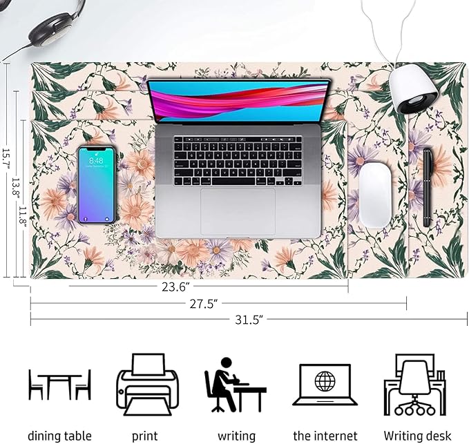 Desk Mat Large Mouse Pad, Non-Slip PU Leather Gaming Mousepad Keyboard Mouse Mats Desk Pads 23.6"x11.8" for Work Office Decor Gifts Mauve Floral