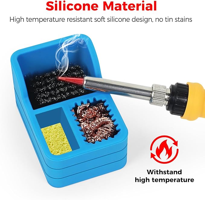 Soldering Iron Tip Cleaner Kit with Brass Wool, Sponge & Steel Brush in Blue Silicone Holder – Heat & Scratch Resistant Cleaning Tool for Soldering, Electronics Repair & DIY Projectst