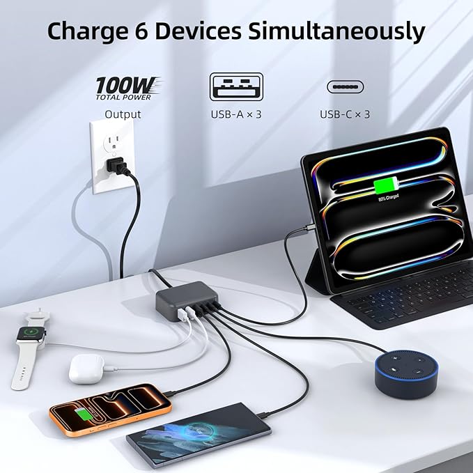 6 in 1 USB Charger, Charging Station for Multiple Devices, 100W Fast Charging Blocks with Type C Ports, USB Charging Hub Organizer Multiport Power Strip for iPhone, Ipad, Kindle, Travel Accessories