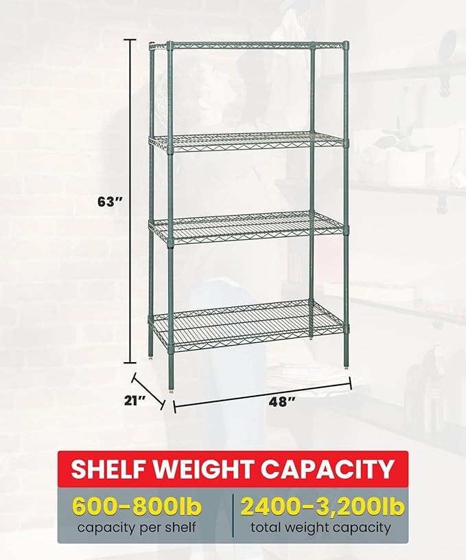 Quantum WR63-2148P Wire Shelving Starter Kit with (4) Shelves and (4) Posts for Industrial Warehouse Storage Distribution | 600-800 lbs Capacity | 48"W x 21"D x 63"H, Green Epoxy, Carbon Steel, NSF