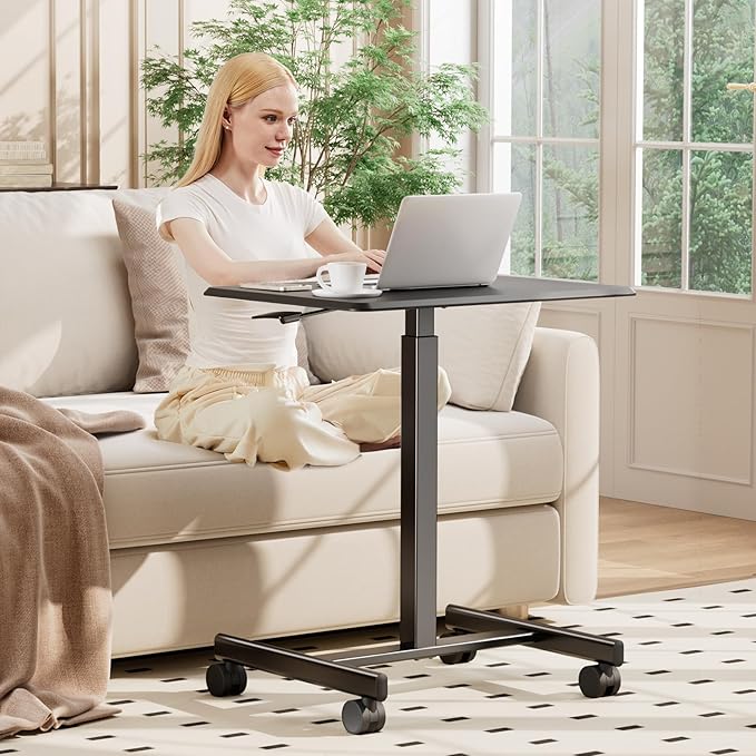 DUMOS Small Rolling Desk Mobile Standing Portable Laptop PC Table with Wheels, Adjustable Height Computer Workstation for Bedroom Study Use, Space Saving Home Office Desk, Modern Black