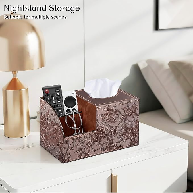 Square Tissue Box Cover with Storage, PU Leather Cube Tissue Box Holder, Remote Control Nightstand Organizer, Modern Desk Caddy for End Table, Bathroom, Bedroom, Home, Office Decor