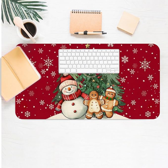 Christmas Mouse Pad PU Leather Christmas Tree Desk Mat Large Waterproof Gaming Pad Gingerbread Man Non-Slip Keyboard Mouse Pad for Gamer Office&Home