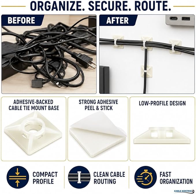 Kable Kontrol Zip Tie Mounts, 3/4” Sq, Natural White, 100 Pcs, Adhesive Backed Multi-Purpose Mounting Squares Nylon Cable Tie Wrap Anchor Pads for Cable Management