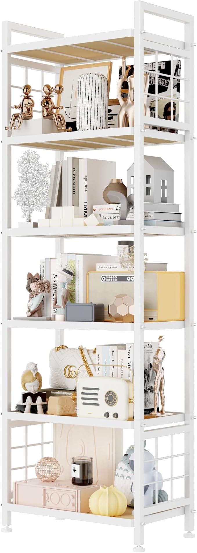 GIOTORENT 6-Tier Pantry Shelves with Wooden Boards, Heavy Duty Storage Shelves & Book Shelf, Adjustable Metal Shelving Unit for Kitchen Bathroom Laundry Organizer, Sturdy Rust-Resistant, White