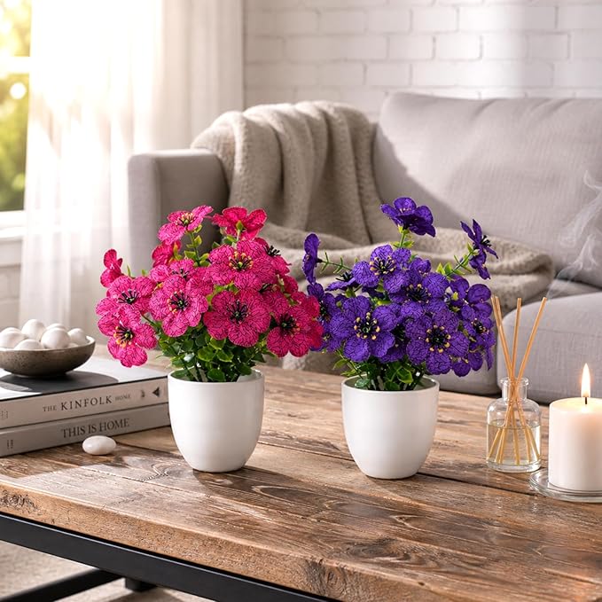 Small Artificial Flowers in Pots, Fake Potted Flowers, Mini Artificial Plants Indoor, Small Fake Flowers with Pot for Spring Decorations for Home, Office Desk, Table & Bathroom Decor