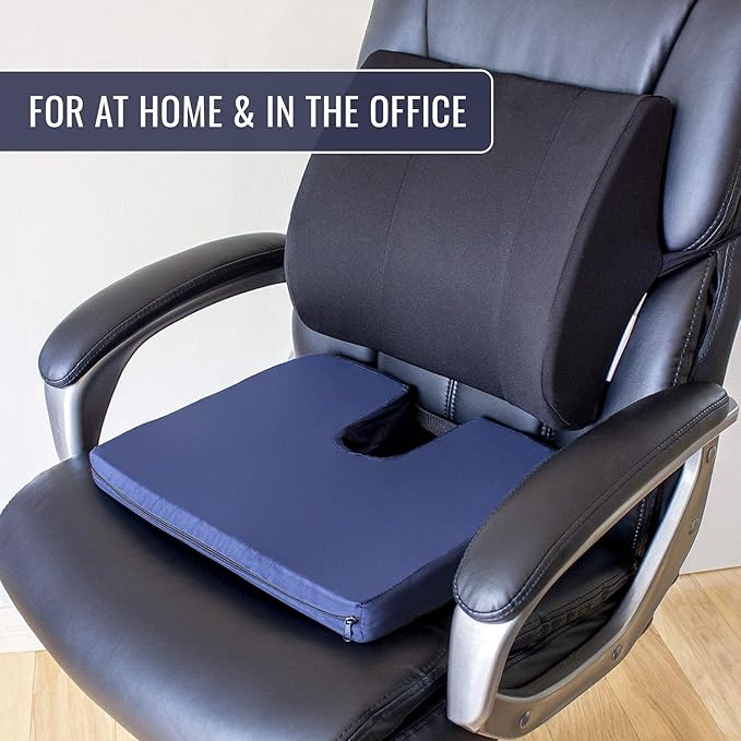DMI Gradual Slope Seat Cushion for Coccyx, Sciatica and Tailbone Pain Used With Dining Room Chairs, Desk Chairs, Thin Car or Wheelchair Cushions, Machine Washable-Cover, 15 Inch, Navy