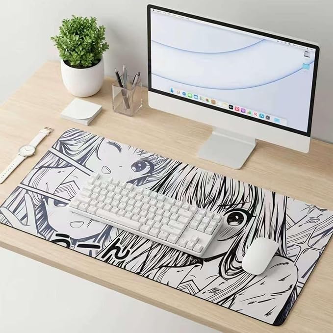XXL Anime Girl Mouse Pad Black White –Super Thick Large Manga Girl Desk Mat 31.5x15.7 – Non-Slip, Water-Resistant, Stitched Edges – Aesthetic Japanese Gaming Mat 800X400X4mm