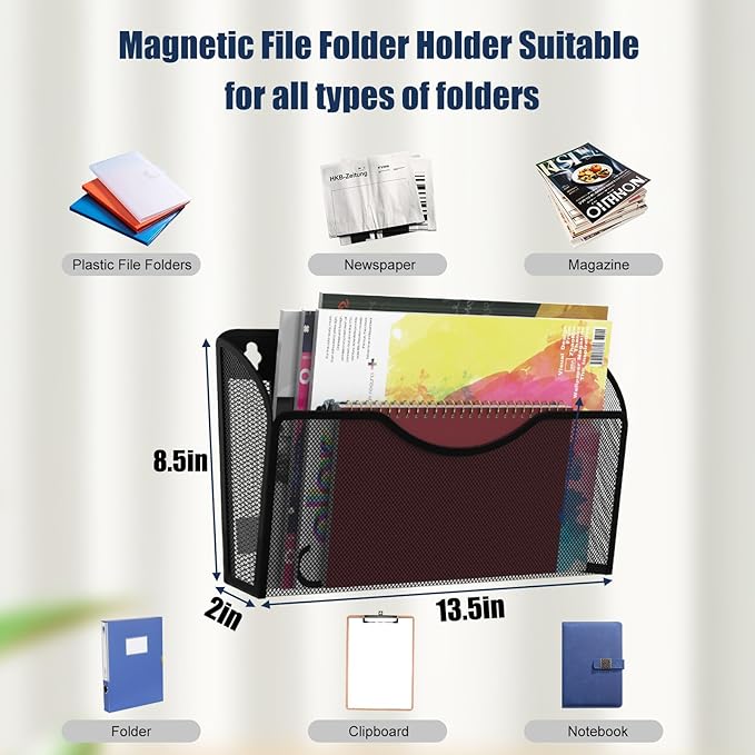 Magnetic File Holder 6 Pockets File Folder Organizer, Office Hanging Magazine Rack for File Cabinets, Magnetic Paper Holder, No Drilling Mail Organizer for Refrigerator, Office
