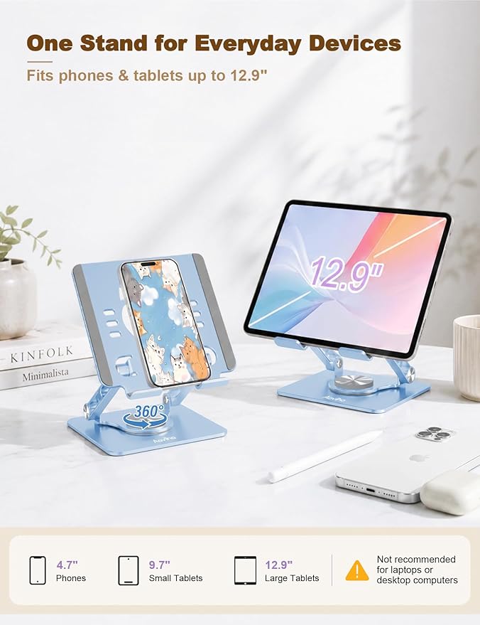 Aoviho Rotating Tablet Stand for Desk - [Adjustable] Drawing Stand for iPad, Portable Aluminum Desktop Holder, Compatible with 4.7–12.9 inch Devices, (Sky Blue)