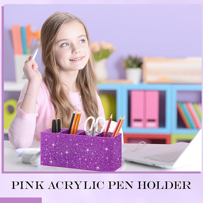 Jetec Acrylic Glitter Pen Holder 4 Compartments Bling Makeup Brush Stationery Organizer Pencil Holder for Desk Accessories Sparkly Gifts for Women Birthday Valentines Desktop Workplace Office(Purple)