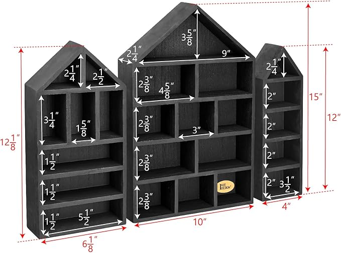 Ikee Design House-Shaped Wooden Shadow Cubby Box Display Shelf Organizer Storage Shadow Box for Mini Figures, Set of 3, 10 W x 2 1/4 D x 15 H in, Black Color