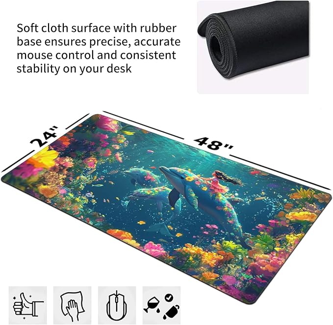 3XL Huge Ocean Mouse Pads Oversized 48"x24" - Extra Large Gaming XXXL Mouse Pad for Full Desk - Whales Marine Life Mousepad with Stitched Edges Non-Slip Rubber Base, Desk Mat