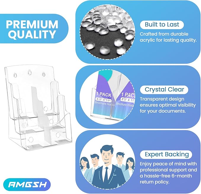3 Tier Brochure Stand - Acrylic Literature Holder with Removable Divider for 4' x 9' Brochure, Clear Flyer Holder Pamphlet Display Stand