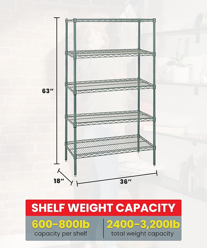 Quantum Storage Systems WR63-1836P-5 Starter Kit Wire Shelves Green Epoxy 5 Shelves 63" H x 36" W x 18" D
