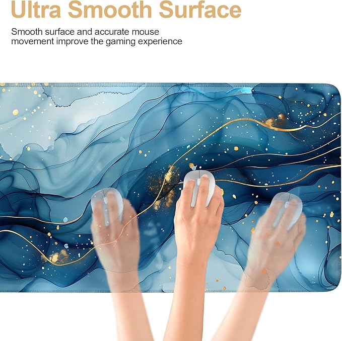 Large Mouse Pad, Blue Abstract Marble Desk Mat, Extended Gaming Mouse Pad with Non-Slip Rubber Base, Thick 3mm Smooth Surface Keyboard Mat for Office & Home,35.5 x 15.8 in