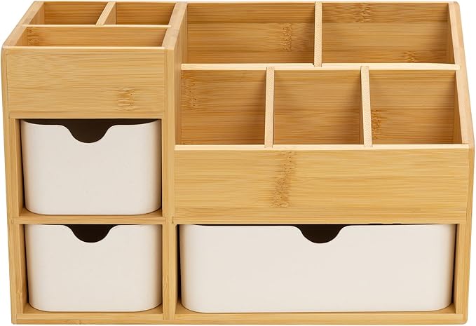 Bamboo Desktop Organizer 8 Compartment Cosmetic & Jewelry Holder with 3 Drawers, Vanity Storage Box for Skincare, Accessories & Beauty Products Display with Adjustable Dividers No Assembly Required