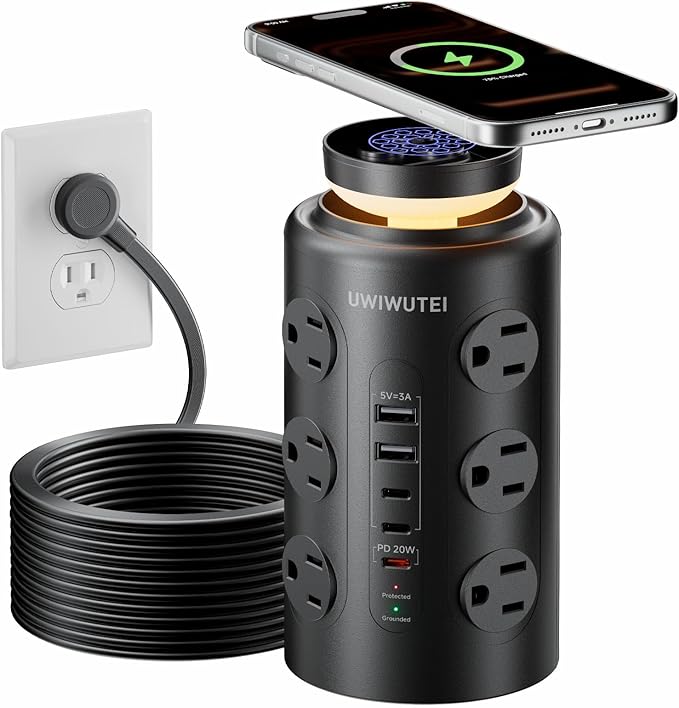 Tower Power Strip Surge Protector with Wireless Charging & Night Light - PD20W Fast Charging Station,12 Outlets, 5 USB (3 USB-C),1800J Protection, 10FT Extension Cord, Home Office Essentials(Black)