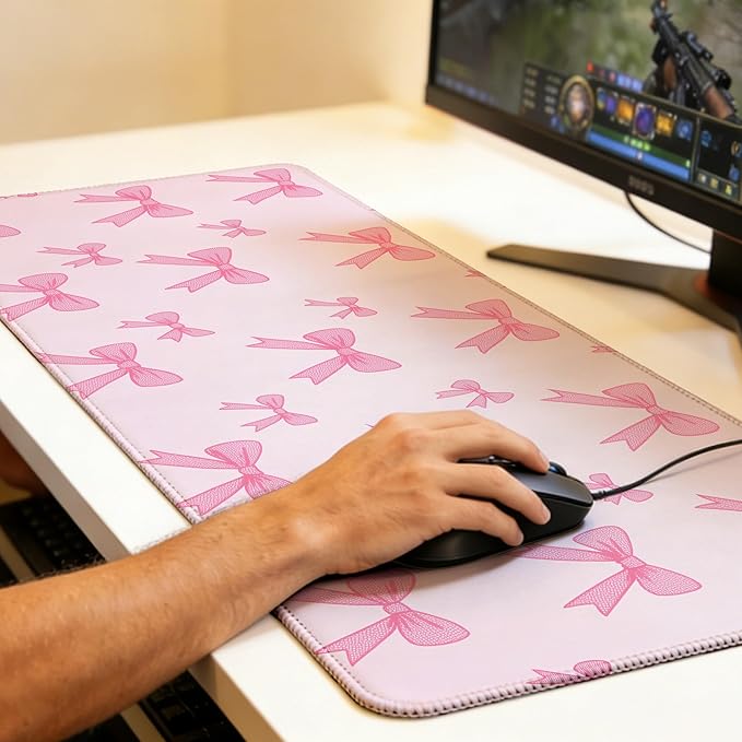 Pink Bow Mouse Pad,35.4 x 15.7 Inch Large Mouse Mat Non-Slip Rubber Stitched Edges for Writing Desk,Office,Home,Laptop