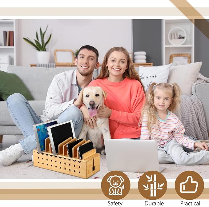 Bamboo Charging Station for Multiple Devices, Cell Phone Docking Charging Station Organizer and Cord Organizer for 10 Devices for Power Strip Storage, Phones and Tablets(Primary Color)