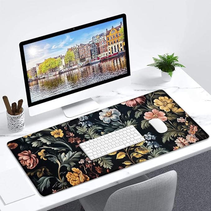 Gaming Mouse Pad Large Desk Mat Extended Keyboard Mouse Pad Mousepad with Non-Slip Base and Stitched Edge Mouse Mat Desk Pad Mouse Pads for Desk Home Office Gaming Retro Flowers