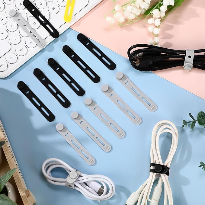 Tellegloww 42 Pcs Silicone Cable Ties Reusable Cord Organizer Adjustable Data Cable Wraps for Earphone Phone Charger Computer Cord Management Straps Travel Essentials(Black, Gray,3.15 Inch)