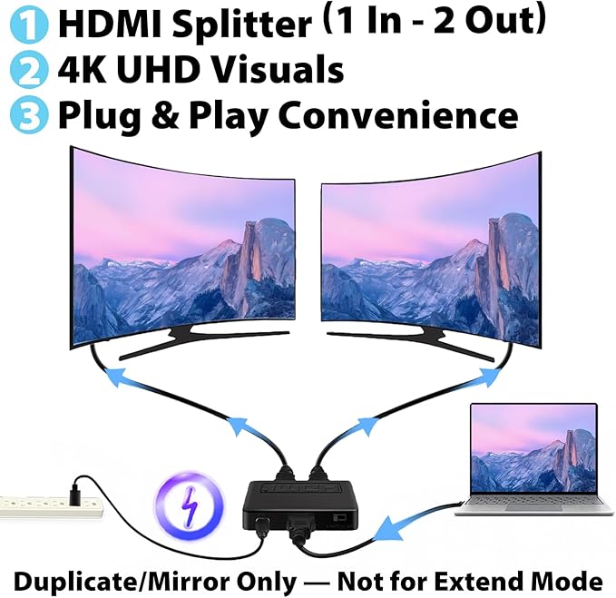 Cyberguys! HDMI Splitter 1 in 2 Out, Mirror Mode Only 4K HDMI Hub 2.0 Video Duplicator with 2.5ft USB Power Cable and Adapter, Supports 4K@60Hz UHD for TV, Monitor, Projector, PS4, Xbox, Blu-Ray