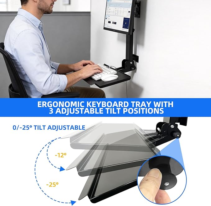 Monitor Wall Mount with Keyboard Tray and PC Wall Mount Set, Monitor and Keyboard Wall Mount Height Adjustable Fits 17"-32" Computer Screens, All in One PC Wall Mount with VESA Standard, 26" Wide Plat