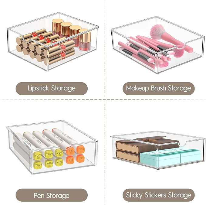 AMALEKO Acrylic Drawer Organizers - 21 Drawers 4 Set - Clear Storage Drawers for Office Supplies - Stackable Makeup Organizer - Dustproof Desk Organizers for Makeup, Jewelry, Pen, Stationary